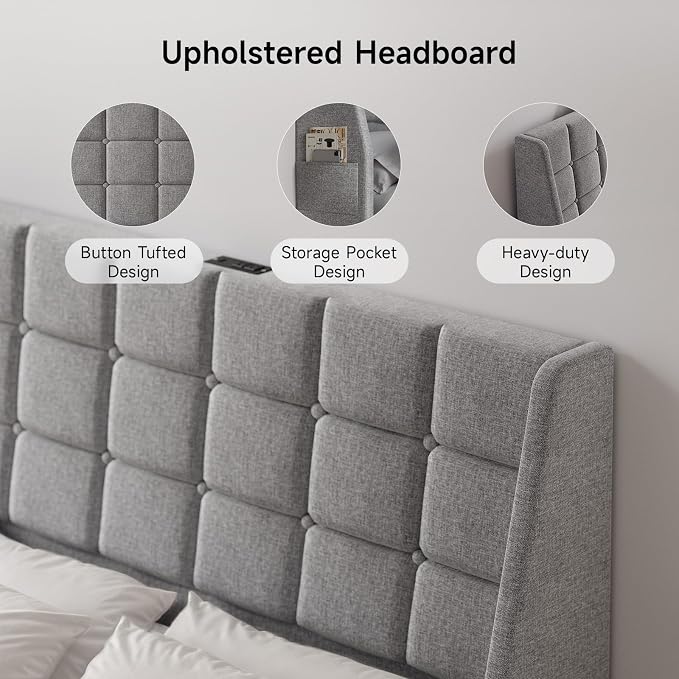 Ergonomic Upholstered Full Size Headboard w/Charging Station, Linen Wingback Headboards w/Storage Pocket, Full Headboard Only, Bed Frame Adapters, Sturdy Solid Wood Bed Head Board, Light Grey