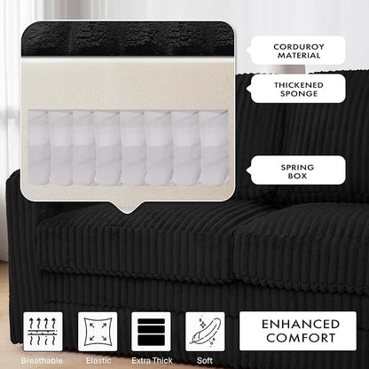 89 Inches Corduroy Sectional Sofa with High Density Sponge, Modern 5 Seats Corner Couch with Deep Seat, Comfy Modular L Shaped Couch with Comfortable Back Cushions for Living Room, Black