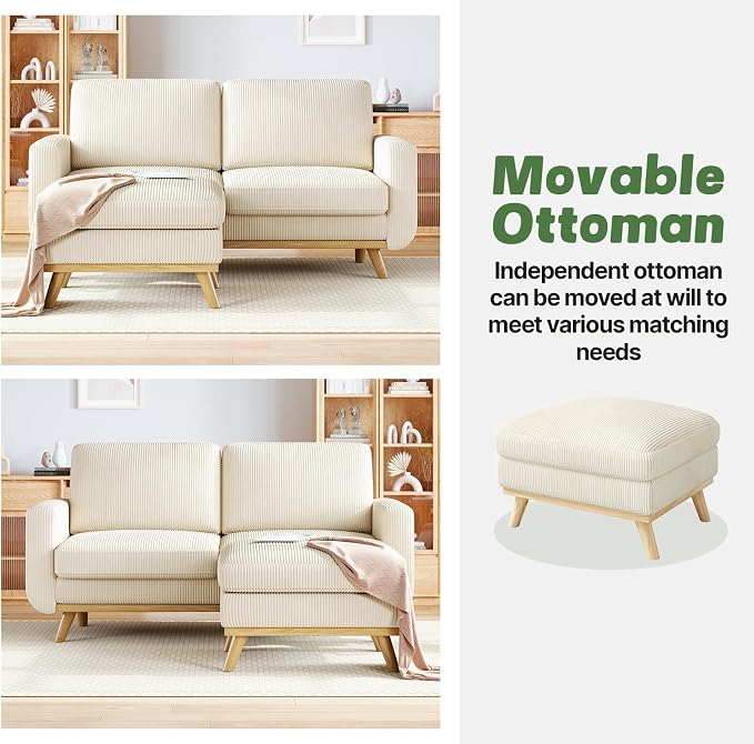 Vesgantti 68" Loveseat Sofa with Movable Ottoman, Comfy Corduroy Couch with Spring Cushion, Sofa Couch with Solid Wood, Modern Office Sofa with Deep Seat for Living Room and Bedroom, Beige