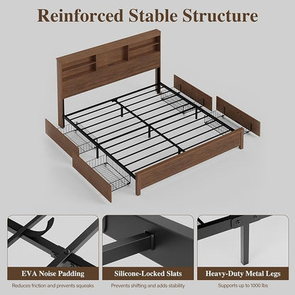 King Size Bed Frame and Tall Headboard & Storage, Metal Platform Bed Frame with 4 Storage Drawers, King Bed Frame with LED Lights & Charging Ports, No Box Spring Needed, Noise-Free, Brown