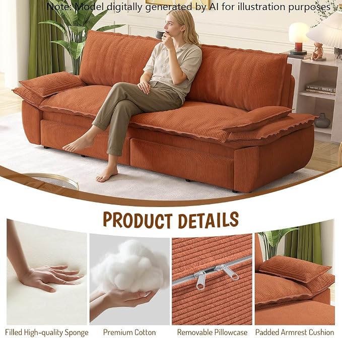 73.2" Sleeper Sofa Bed Queen, 3-in-1 Convertible Couch, Modern Pull Out Couches, Comfy Corduroy Futon Sofa, Cloud Loveseat Lounge, Pillow Arm for Small Spaces, Living Room, Apartment, Orange