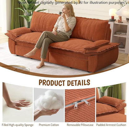 73.2" Sleeper Sofa Bed Queen, 3-in-1 Convertible Couch, Modern Pull Out Couches, Comfy Corduroy Futon Sofa, Cloud Loveseat Lounge, Pillow Arm for Small Spaces, Living Room, Apartment, Orange