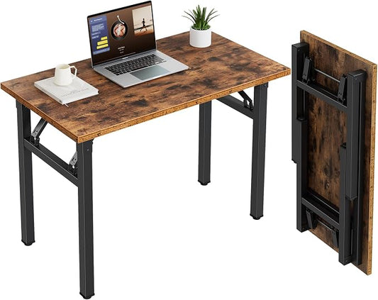 Need 35.8 Inch Folding Desk for Small Spaces, Home Office Computer Desk with Wood Top & Black Frame, Foldable Writing Table for Study, Bedroom, Dorm Room & Student, Rustic Brown