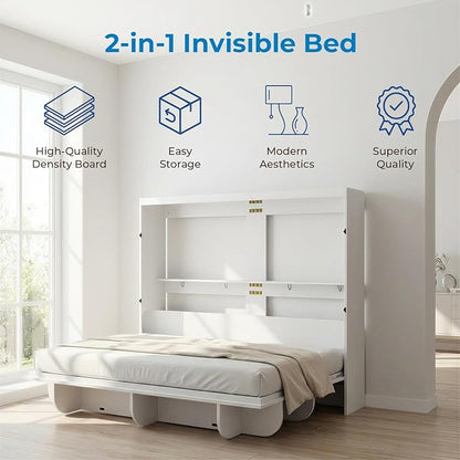 Mjkone Queen Size Wall Bed with Storage Shelf, Queen Wall Cabinet Murphy Beds with Bookshelf, 82" W Top Cabinet Bed Frame, Space-Saving Cabinets Beds for Bedroom/Guest Room/Studio/Office - White