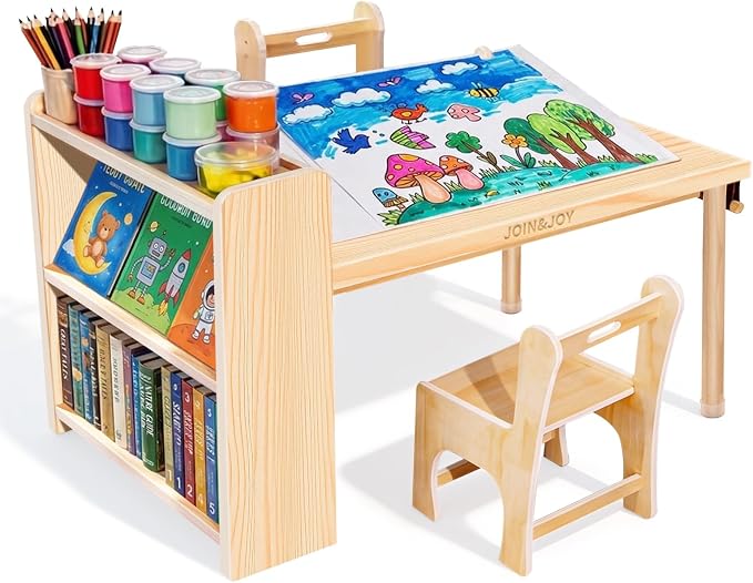 JOIN&JOY Kids Art Table and 2 Chair Set, Multifunctional Craft Table with Storage Shelves, Toddler Activity for Creativity, Drawing, Learning & Playtime