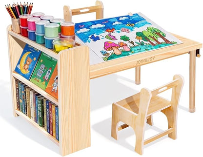 JOIN&JOY Kids Art Table and 2 Chair Set, Multifunctional Craft Table with Storage Shelves, Toddler Activity for Creativity, Drawing, Learning & Playtime