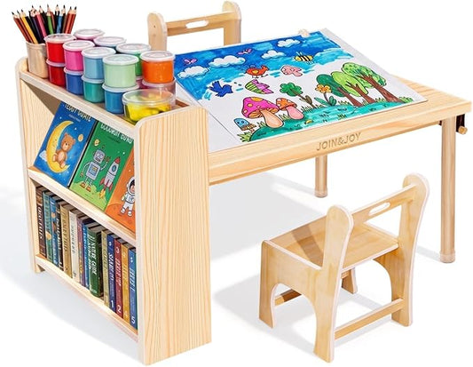 JOIN&JOY Kids Art Table and 2 Chair Set, Multifunctional Craft Table with Storage Shelves, Toddler Activity for Creativity, Drawing, Learning & Playtime