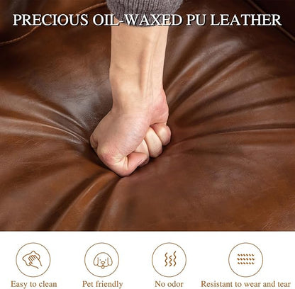 HAOMARKETS 360 Degree Swivel Accent Chair Set of Two with Plump Back Pillow, Waterproof Oil Waxed PU Leather Swivel Armchair with Rivets, Comfy Vintage Round Barrel Chair for Living Room