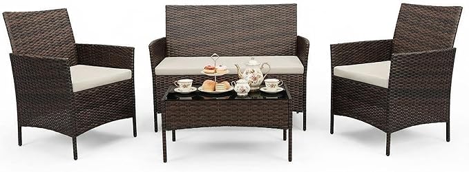 4 Piece Patio Furniture Set, Outdoor Deck Rattan Chair Wicker Combo Furniture, All Weather Dialogue Rattan Sofa with Upholstery and Glass Table for Garden, Backyard, Porch, Lawn, Pool, Brown+White