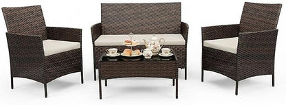 4 Piece Patio Furniture Set, Outdoor Deck Rattan Chair Wicker Combo Furniture, All Weather Dialogue Rattan Sofa with Upholstery and Glass Table for Garden, Backyard, Porch, Lawn, Pool, Brown+White