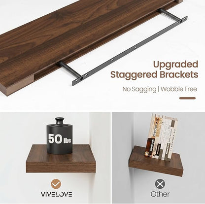 Vivelove Walnut Floating Shelves 36 Inches Long, Wall Display Shelves with Invisible Brackets, for Bathroom Living Room Kitchen Bedroom Office Farmhouse Home Decor, 36x9.3X 1.5 - Set of 2, Walnut