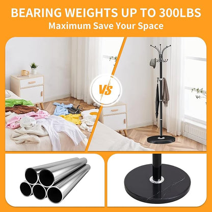 ZOZOE Metal Coat Rack Stand, Modern Coat Rack Freestanding with Natural Marble Base, 360° Rotary Design Coat Racks with 14 Hooks, Black Coat Tree Hanger Stand for Bags, Hats, Entryway, Office