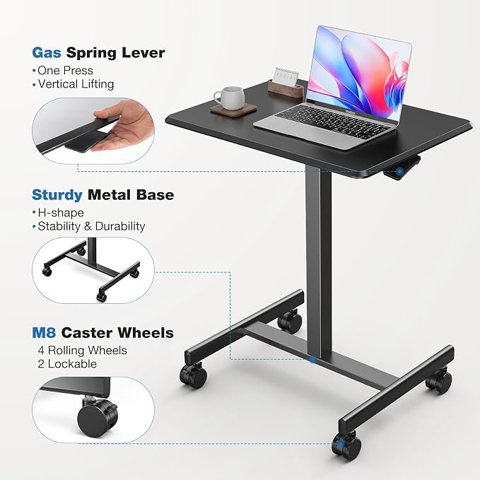 OLIXIS Mobile Rolling Desk with Wheels Small Standing Laptop Desks Portable Pneumatic Adjustable Height Sit Stand Table Computer Workstation for Home Office Black