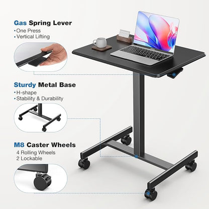 OLIXIS Mobile Standing Desk with Wheels Small Rolling Laptop Desks Portable Pneumatic Adjustable Height Sit Stand Table Computer Workstation for Home Office Black