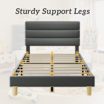 Fluest Twin Bed Frame, Platform Bed Frame with Velvet Upholstered Headboard, No Box Spring Needed, Sturdy Metal Support, Noise Free, Easy Assembly, Modern Bedroom Furniture, Grey
