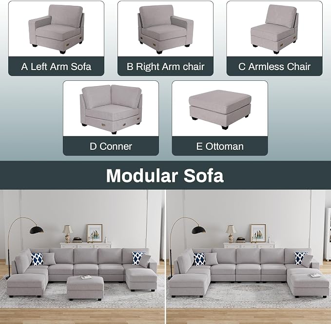 Legend Vansen Oversized Modular Sectional Sofa,U/L‑Shaped Reversible Couch with Ottoman,Deep Seat Plush Polyester Sofa for Living Room,9‑Seater,Light Grey