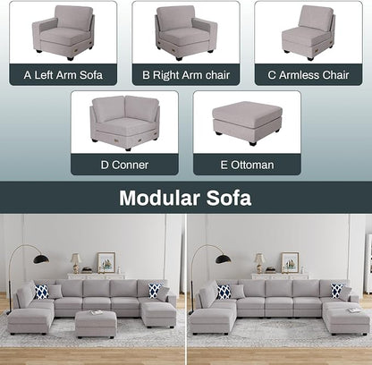 Legend Vansen Oversized Modular Sectional Sofa,U/L‑Shaped Reversible Couch with Ottoman,Deep Seat Plush Polyester Sofa for Living Room,9‑Seater,Light Grey