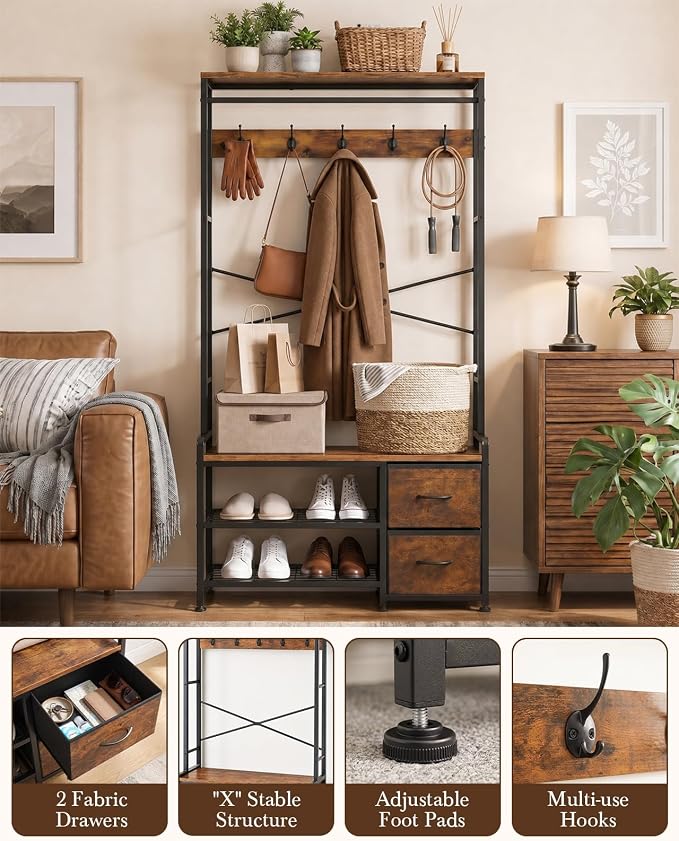 Faesun Hall Tree with Bench and Shoe Storage, Coat Rack, 5-in-1, 31.5" Entryway Bench with 2 Fabric Drawers, Mudroom Bench with Storage and Hooks, Rustic Brown