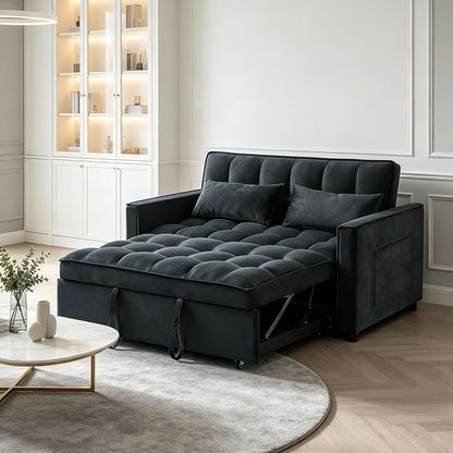 Velvet Pull Out Couch Bed & Sleeper Sofa, 3-in-1 Convertible Sofa Bed with Adjustable Backrest, Storage Pockets, Armrests & Pillows for Small Spaces (Black)