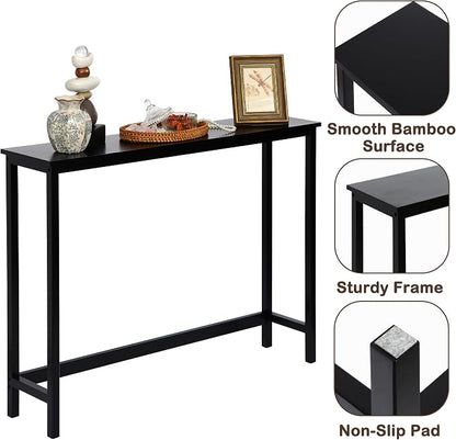Bamboo Narrow Console Table, 39.4"(L) Wood Small Entryway Table, Accent Slim Hallway Tables, Thin Sofa Side Tables for Hallway, Living Room, Bedroom, Foyer, Black