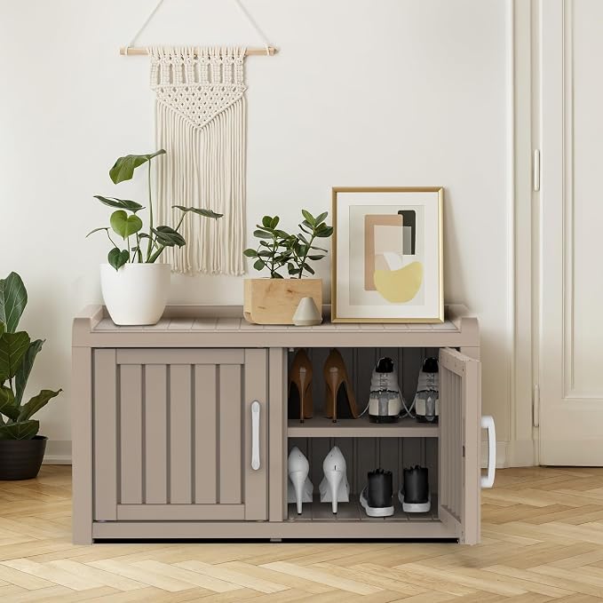 DRATO Indoor Outdoor Shoe Storage Cabinet, Shoe Bench Entryway with Adjustable Shelves, Waterproof Resin Storage Bench for Entryway, Foyer, Hallway (Grey, Duble Doors)