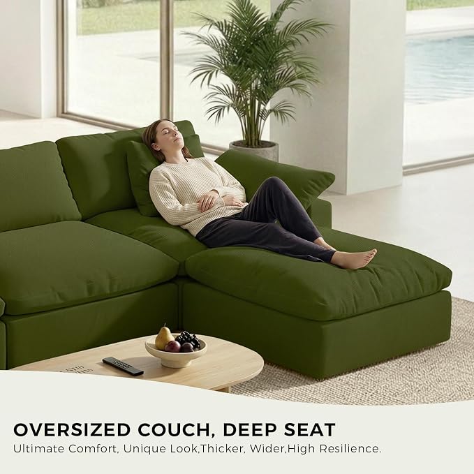 143" Cloud Modular Sectional Sofa,Green Down Filled Sofa 4 Seat with Chaise,Minimalist Sofa Cover Washable and Replaceable Couches for Living Room,Sectional Sofa Deep Seat