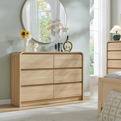 Aitjunz Modern 6 Drawers Dresser for Bedroom, 47" Wide Wood Dressers & Chests of Drawers w/Curved Profile Design, Mid Century Modern Dresser w/Natural Texture for Bedroom, Living Room, Natural Oak