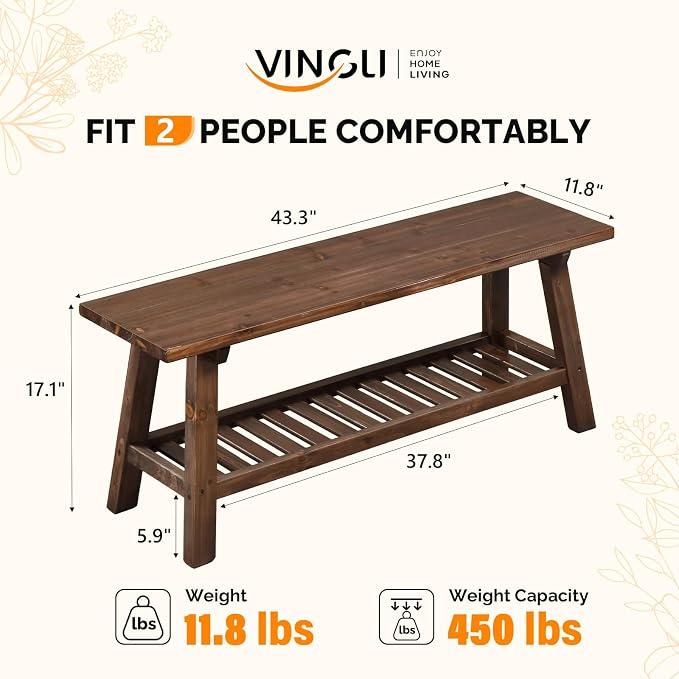 VINGLI Rustic Storage Bench, Solid Wood Seat with Storage Shelf, Indoor Outdoor Shoe Rack, 450lbs Capacity Small Outdoor Bench for Mudroom Entryway Patio Porch (Brown, 43in)
