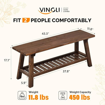 VINGLI Rustic Storage Bench, Solid Wood Seat with Storage Shelf, Indoor Outdoor Shoe Rack, 450lbs Capacity Small Outdoor Bench for Mudroom Entryway Patio Porch (Brown, 43in)