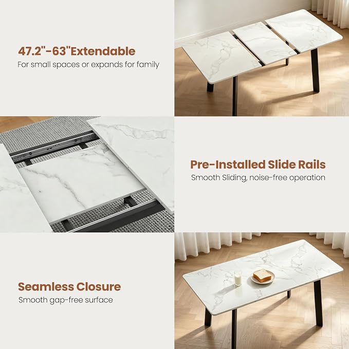 47.2"-63" Extendable Dining Room Table Set for 4-8 People, White | Removable Extension Leaf, Durable MDF Rectangle Tabletop, 6 Brown U-shaped PU Leather Chairs, Heavy Duty Modern Kitchen Table