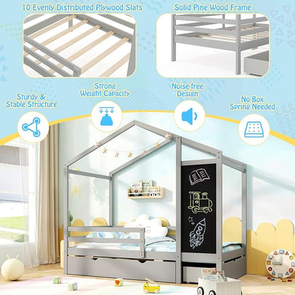 Giantex Twin Bed with 2 Storage Drawers, Solid Wood House Bed with Blackboard & Safety Guardrails, Twin House Bed w/Slats Support, No Box Spring Needed, Twin Bed Frames for Kids Girls Boys (Grey)