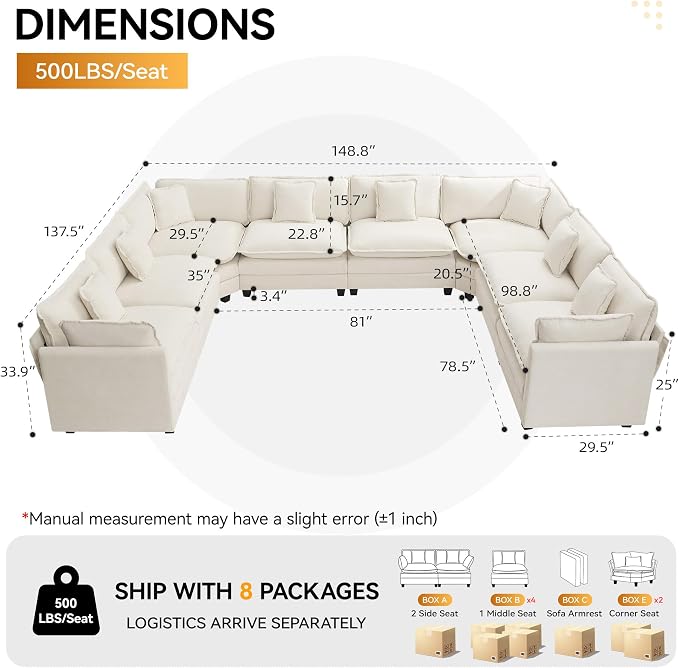 147'' Oversized U Shaped Cloud Sectional Sofa, Chenille Deep Seat Couches for Living Room, Comfy Upholstered Modular Sectional Sofa Couch, Beige