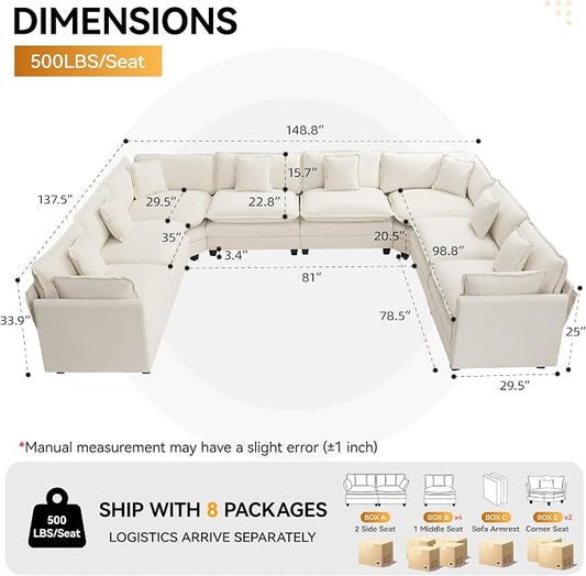 147'' Oversized U Shaped Cloud Sectional Sofa, Chenille Deep Seat Couches for Living Room, Comfy Upholstered Modular Sectional Sofa Couch, Beige