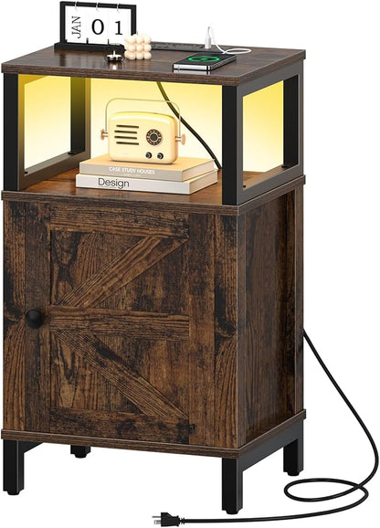 Yoobure Farmhouse NightStand with Charging Station，Wood Night Stand End Table with USB Ports, LED Bed Side Table with Storage Cabinet，Bedside Table for Bedroom, Living Room Rustic Brown
