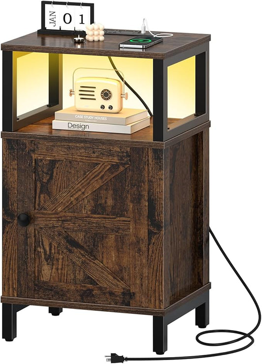 Yoobure Farmhouse NightStand with Charging Station，Wood Night Stand End Table with USB Ports, LED Bed Side Table with Storage Cabinet，Bedside Table for Bedroom, Living Room Rustic Brown