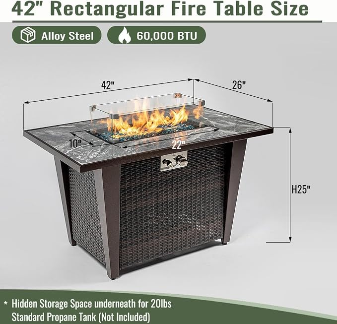 42" Propane Gas Fire Pit Table 50000 BTU Rectangular Outdoor Fire Pit with Ceramic Tile Tabletop Glass Wind Guard, Steel Patio Fire Table & PE Wicker Panel, Lid Rain Cover for Backyard Garden, Gray