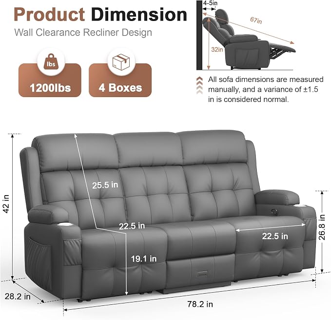 Recliner Sofa, 78.2" PU Leather Reclining Couch Loveseat with Flip Middle Backrest & Drawers - 3 Seat Home Theater Seating, Massage - Lumbar Support for Family Living Room & RV