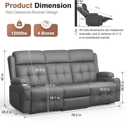 Recliner Sofa, 78.2" PU Leather Reclining Couch Loveseat with Flip Middle Backrest & Drawers - 3 Seat Home Theater Seating, Massage - Lumbar Support for Family Living Room & RV