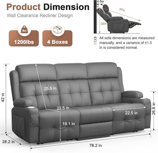 Recliner Sofa, 78.2" PU Leather Reclining Couch Loveseat with Flip Middle Backrest & Drawers - 3 Seat Home Theater Seating, Massage - Lumbar Support for Family Living Room & RV