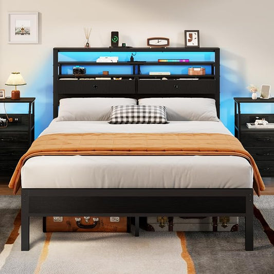 Furnulem Full Size Bed Frame with Headboard & 2 Fabric Drawers, Full Platform Bed Featuring LED Lights, Built-in Charging Station & Storage Shelves, Metal Slats, No Box Spring Needed – Black Oak