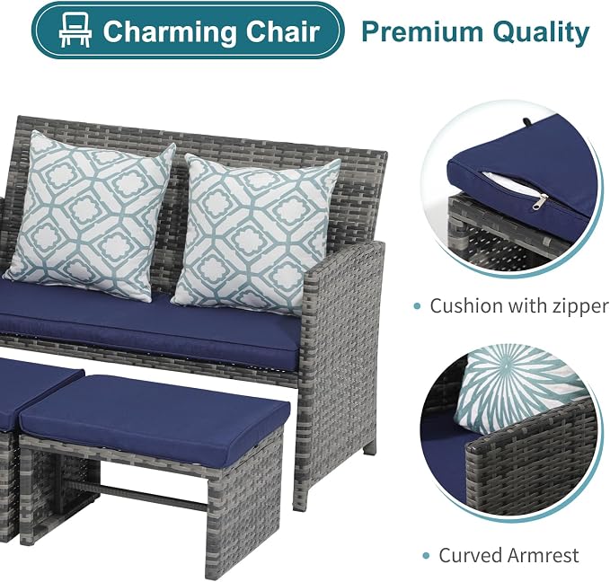 OC Orange-Casual Patio Furniture Set,3 Pieces Outdoor Wicker Conversation Loveseat with Ottomans for Porch, Gray Rattan Navy Blue Cushions