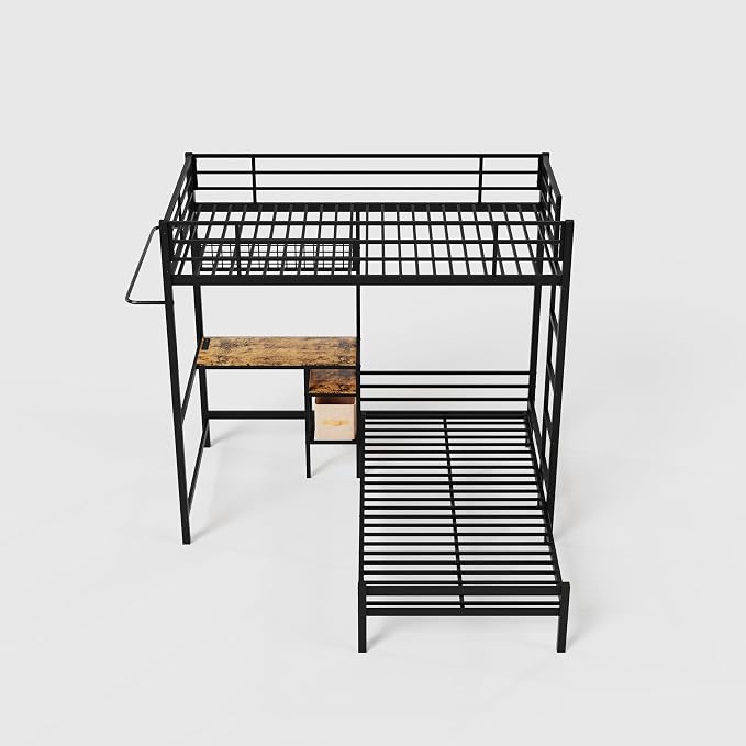 Bellemave Twin Over Twin bunk Bed with Desk and LED Charging Station, loft Bed with Desk and Shelves, Metal Bunk Beds with Storage, Black