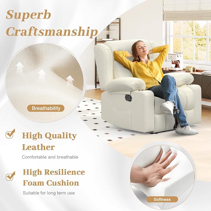 Recliner Chair for Adults, Oversized PU Leather Manual Pull Tab Reclining Chair with Cup Holders, Minimalist Style Single Sofa for Living Room, RV (Ivory White)