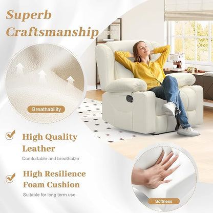 Recliner Chair for Adults, Oversized PU Leather Manual Pull Tab Reclining Chair with Cup Holders, Minimalist Style Single Sofa for Living Room, RV (Ivory White)