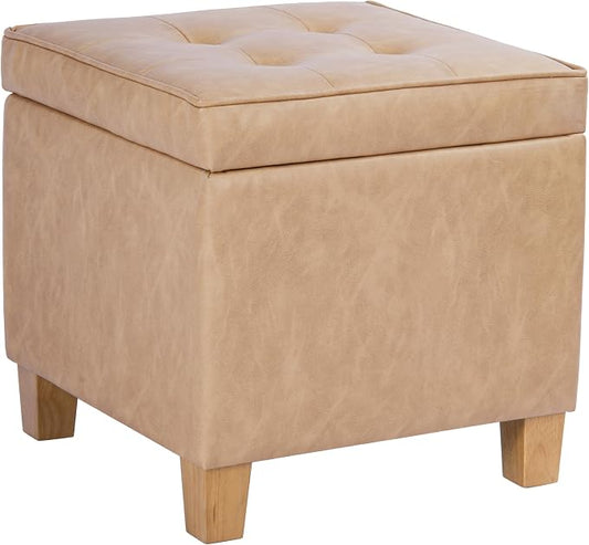 HomePop 18" Square Tufted Storage Ottoman - Sand Faux Leather