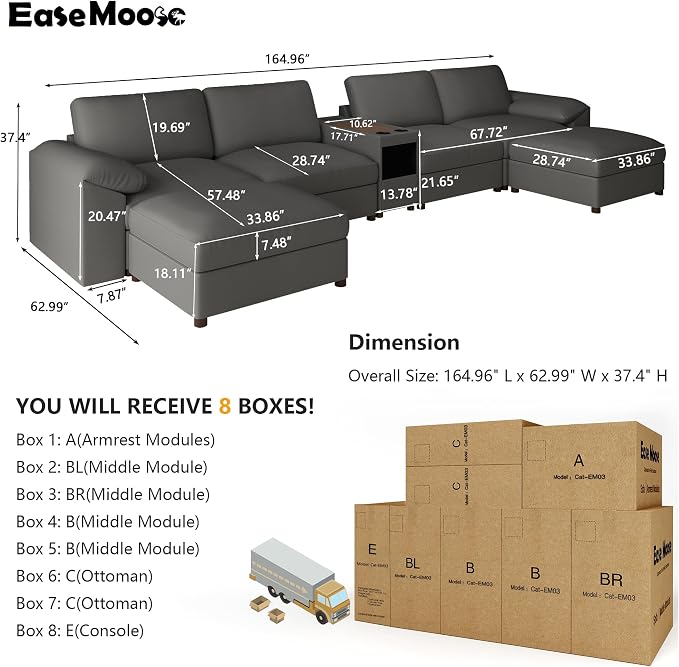 EASE MOOSE Leather Sectional Couch with Console, Oversized Modular Sectional Sofas, Wide Deep Seat Modular Couch, Scratch Resistant Faux Leather Material, U Shaped Sofa for Big Spaces,Grey
