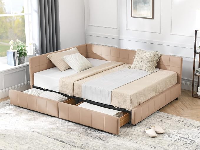 KEIKI Full Size L Shape Corner Bed Frames with 2 Storage Drawer, Backrest and Armrests, Velvet Upholstered Sofa Daybed Full Corner Bed for Small Room, Living Room, Bedroom, Guest Room, Kids' Room