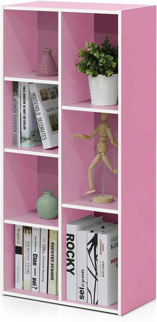 Furinno LUDER Book Shelf, 7-Cube Bookshelf, Bookcase with Open Shelves, 9.4 x 19.5 x 41.7, Easy Assembly, for Living Room, Bedroom, Home Office, White/Pink