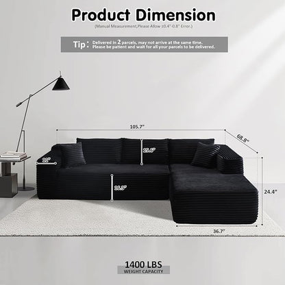 ovios 104" Cloud Boneless Couch with L-Shape Chaise,Modern Sectional Modular Sofa with Deep Seat, Upholstered Couches for Living Room Bedroom,No Assembly Required, Black (Plush Corduroy Fabric)