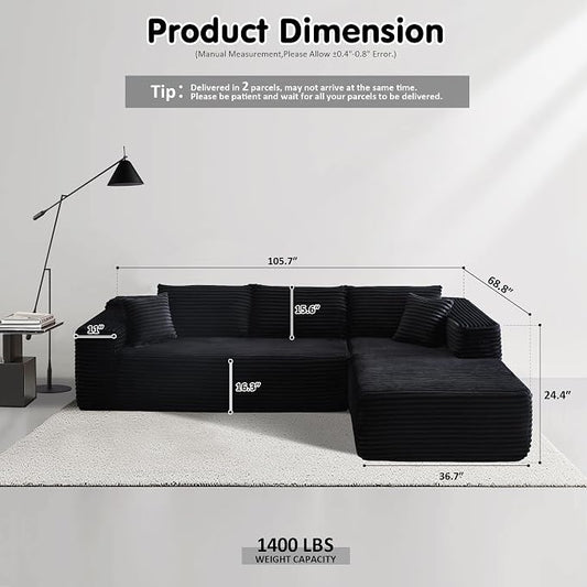ovios 104" Cloud Boneless Couch with L-Shape Chaise,Modern Sectional Modular Sofa with Deep Seat, Upholstered Couches for Living Room Bedroom,No Assembly Required, Black (Plush Corduroy Fabric)